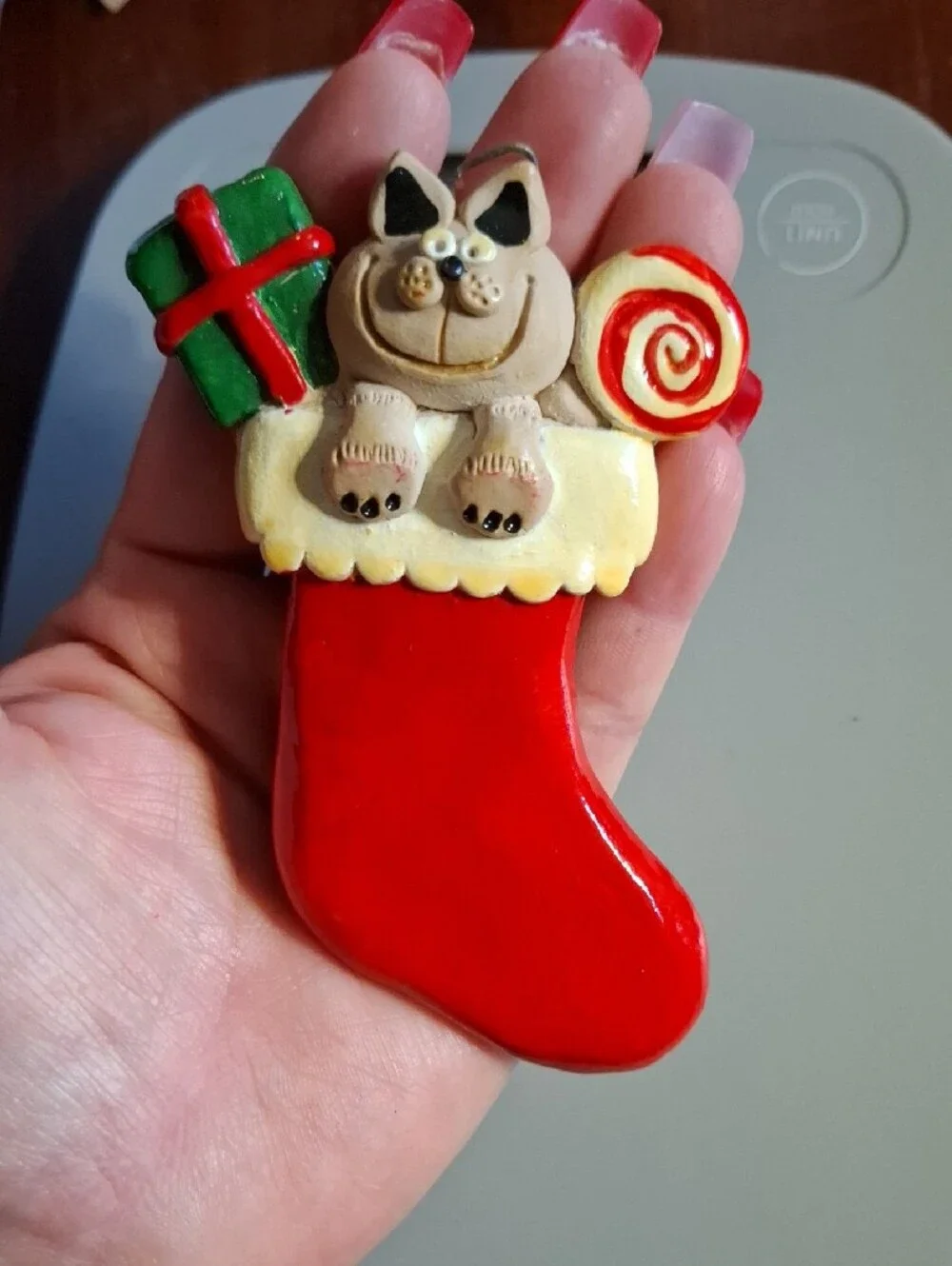 Handcrafted Red Christmas Stocking Ornament with Cat and Candy Accent